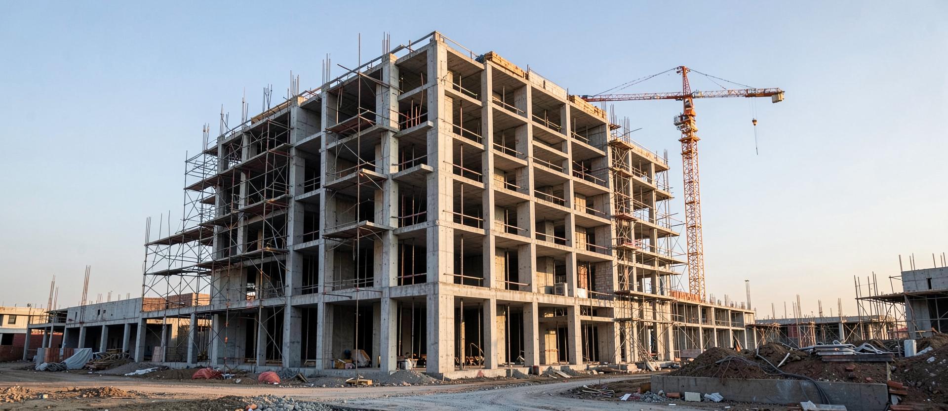 Edifício residencial em construção, com estrutura de concreto e grua